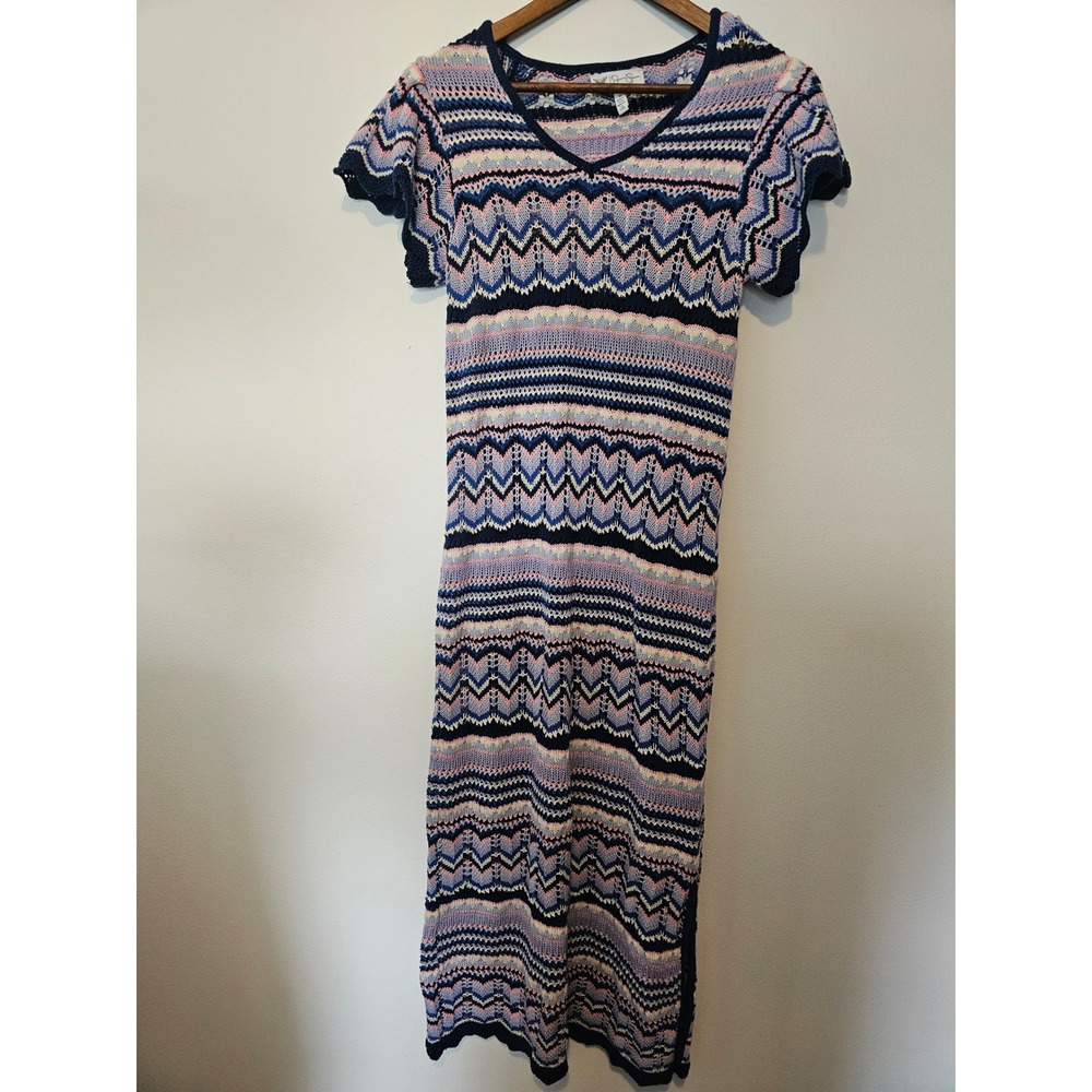 Boho granny y2k Jessica Simpson Chevron Crochet Maxi Dress Womens Medium Blue